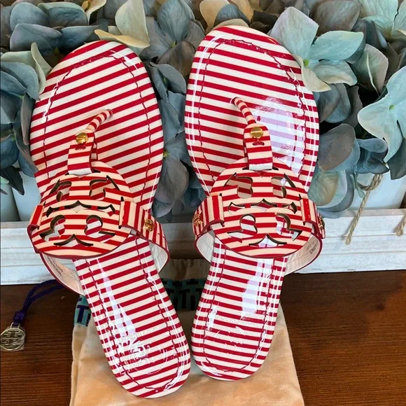 NWOB Tory Burch Patent Leather Miller Sandal Striped Nautical Red White - Picture 7 of 9